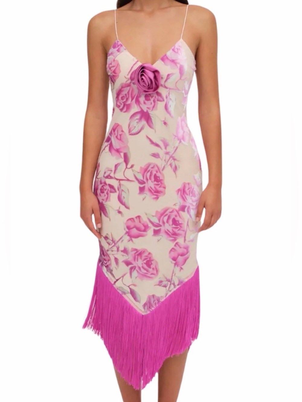 For Love & Lemons Floral Pink Midi Dress with Fringe